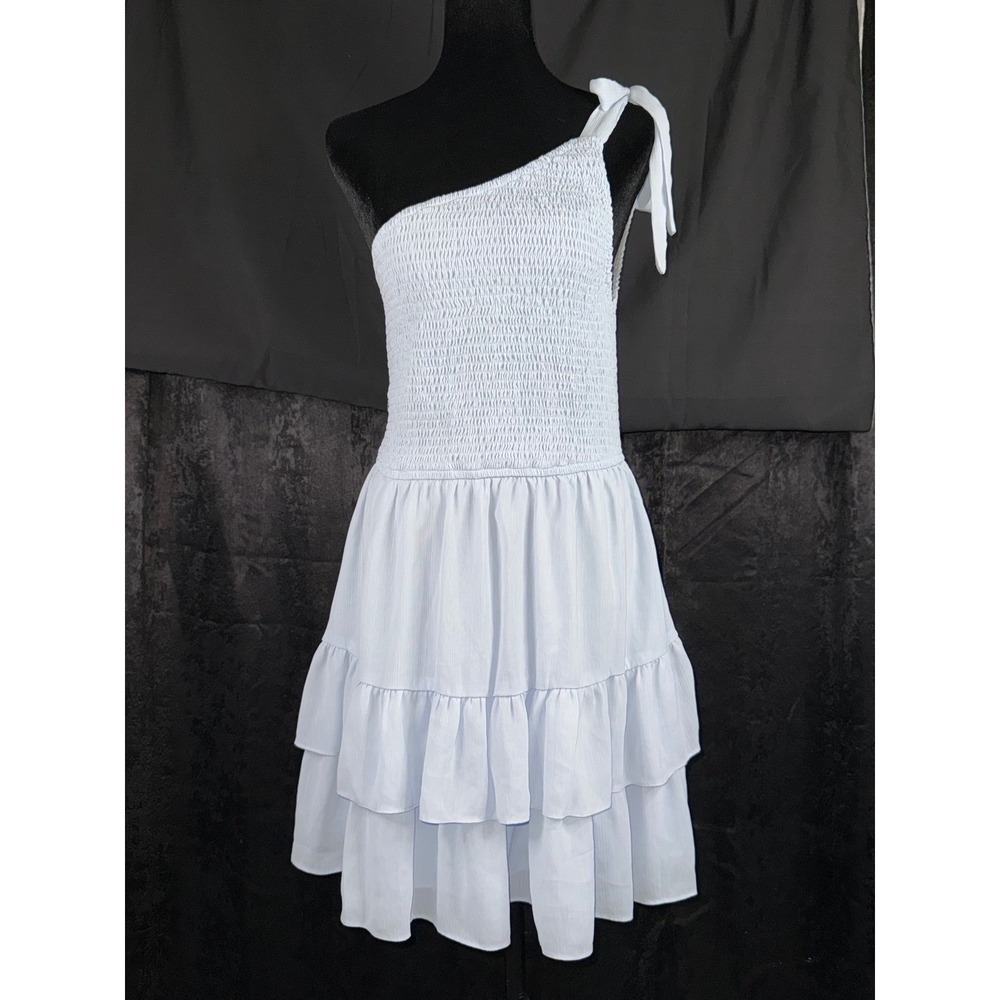 One Shoulder Smocked Tiered Ruffle Mini Dress White Large Tie Strap Summer